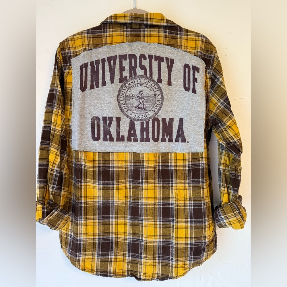NWT OOAK UPCYCLED U of OKLAHOMA TEE & BROWN / YELLOW FLANNEL SZ M